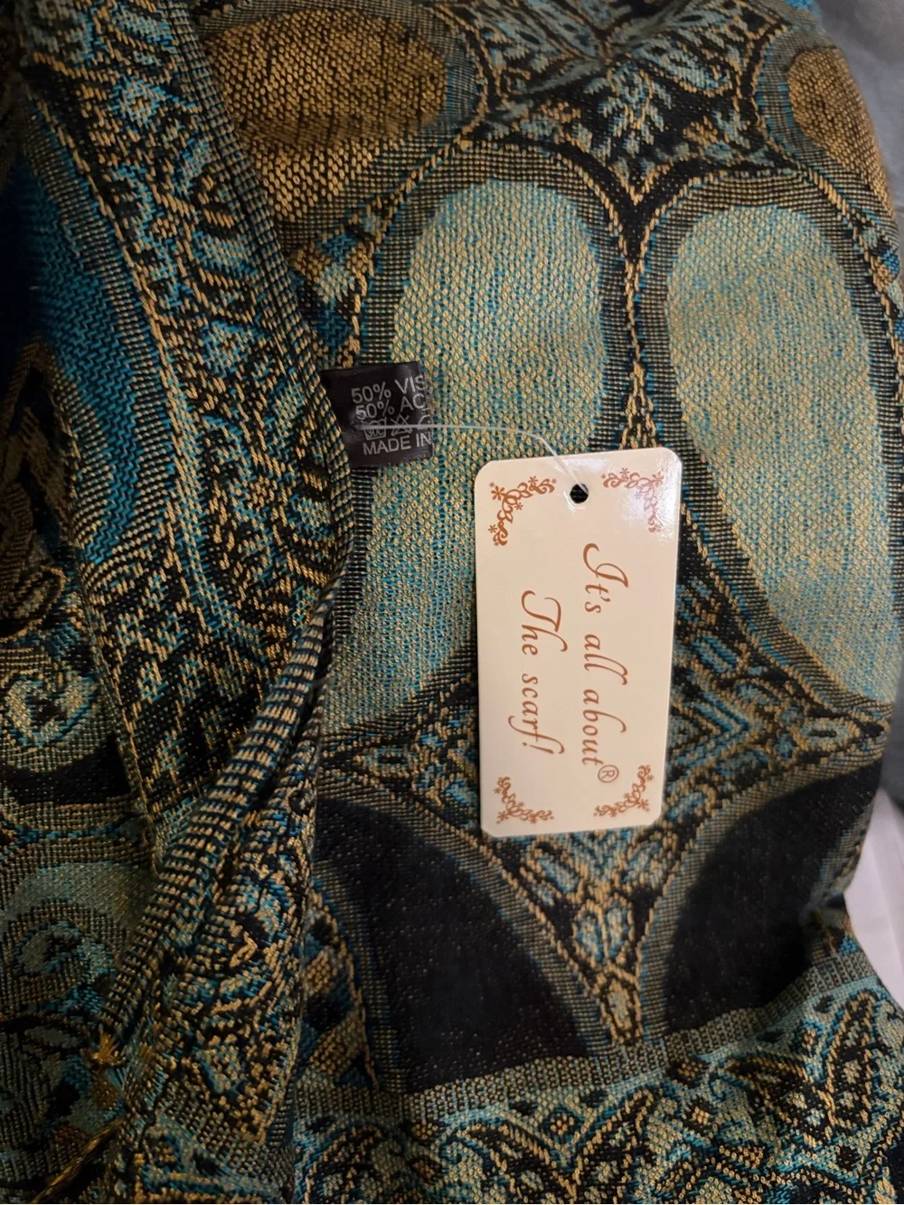 Turquoise and Gold Woven Paisley Home Accent Throw Scarf